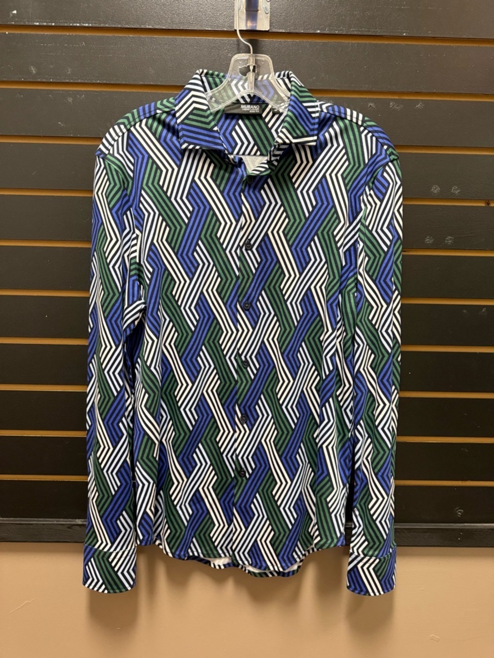 Murano Women’s Slim Fit Geometric Button Down Shirt Blue Green M